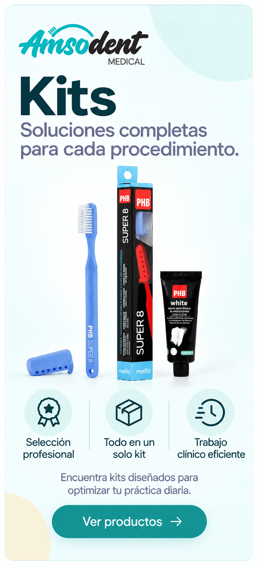 Kits de higiene Amsodent con cepillo y pasta dental PHB