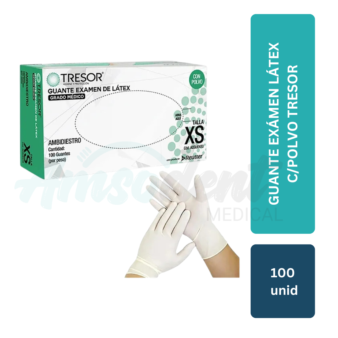 Guante Exámen brLátex 100 Unid brCPolvo Tresor xs